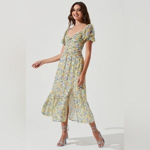 Astr Yellow Floral Midi Dress with Blue and Green Accents